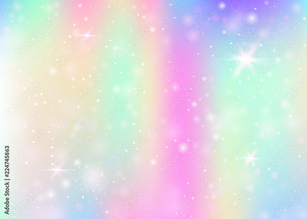 Magic background with rainbow mesh. Cute universe banner in princess ...