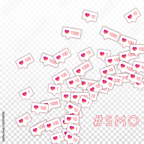 Social media icons. Smo concept. Falling gradient like counter. Radiant right bottom corner elements