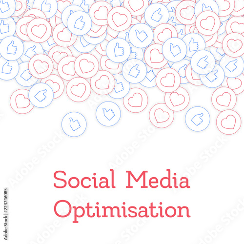 Social media icons. Social media optimisation concept. Falling scattered thumbs up hearts. Scatter t