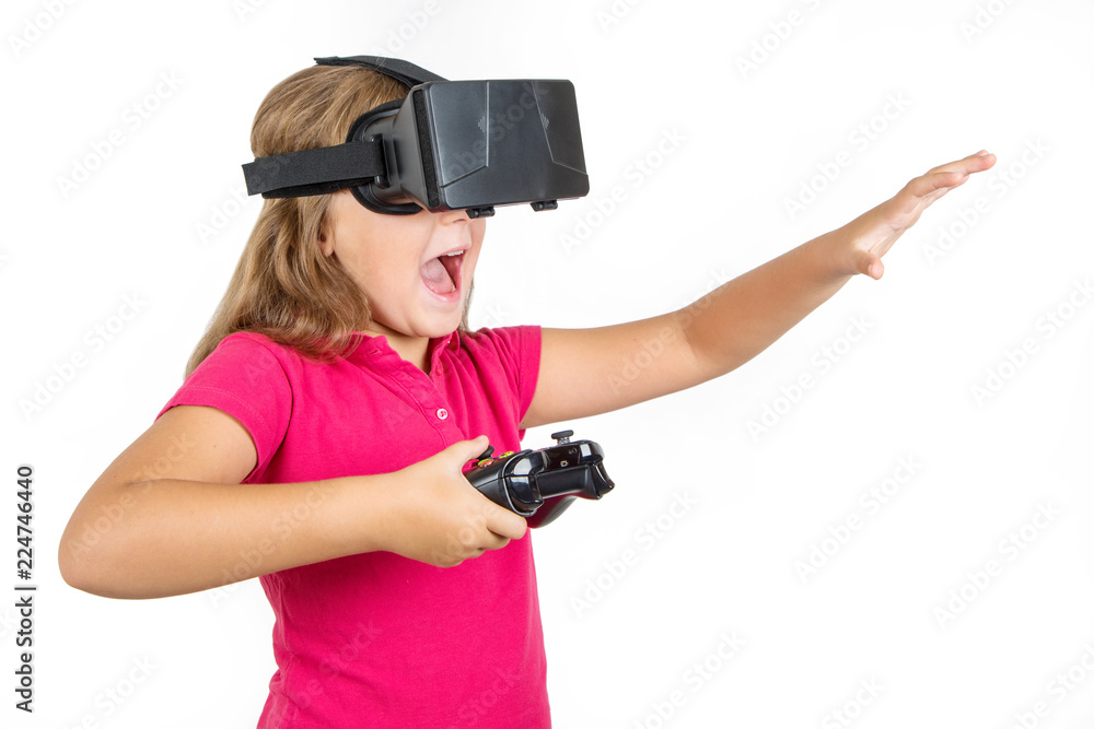 Happy woman with virtual reality headset and joystick playing vr games Happy woman with virtual reality headset and joystick playing vr games