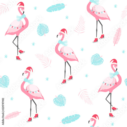 Christmas pattern with cute flamingo on skates. Vector