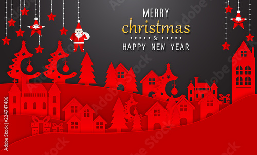 Winter Snow Urban Countryside Landscape City Village with ful lm. Winter holiday snow in city town background with santa, deer and tree. Christmas season paper art style illustration.