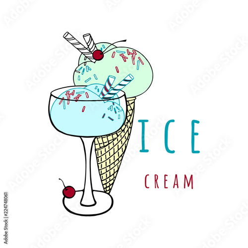 Ice cream with wafer tubules and cherry. Hand drawn Vector Illustration.