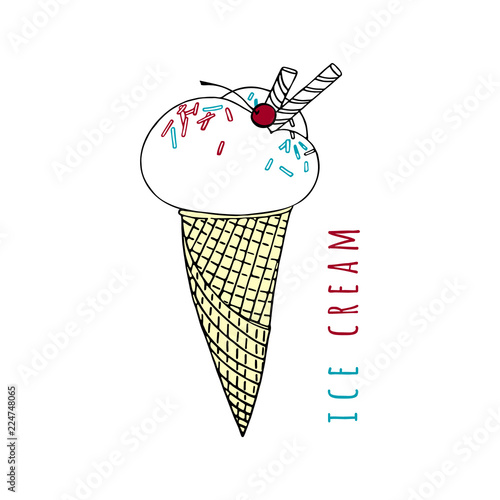 Ice cream cone. Sweet dessert with wafer tubules and cherry. Hand drawn linear drawing. Vector illustration.
