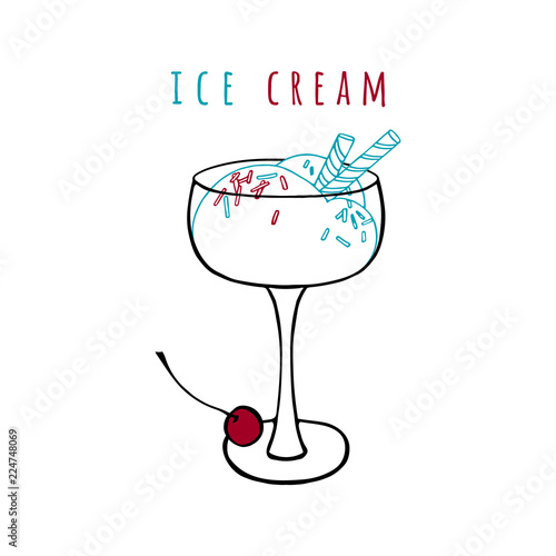 Ice cream. Sweet dessert in a bowl with wafer tubules and cherry. Hand drawn Vector Illustration.