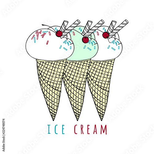 Illustration with ice cream in a waffle cone. Sweet dessert with wafer tubules and cherry. Hand drawn linear drawing.