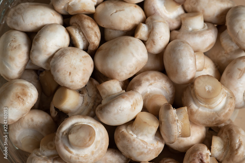 closeup of raw washed mushrooms - champignons, ready for later cooking. vegetarian menu.