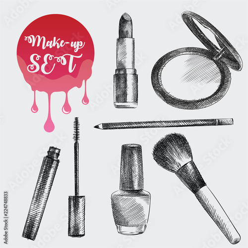 A collection of sketches on make-up , cosmetics. Vector of hand drawn Lipstick, mascara, powder, brushes, nail polish illustration. Set of beauty elements sketch isolated on white background.