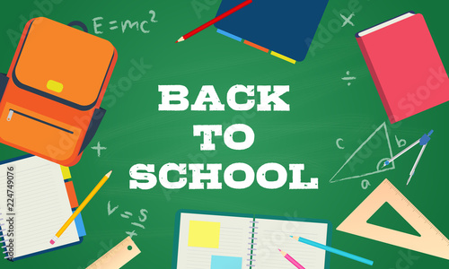 Back to School banner vector illustration. Stationery on green chalkboard background. 