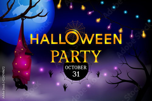 Halloween party background with blue moon, garland of glowing lights, hands in fog, silhouette of tree, sleeping (hanging on branch) fruit bat with magenta wings that look like magic cloak. 