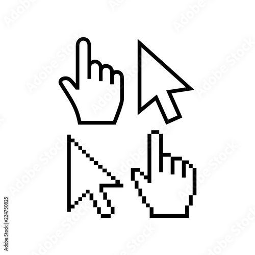 Mouse cursor vector icons. Hand cursor pointer icon, pixel and regular. Arrow poiner cursor icon, pixelated and regular, white fill color. photo