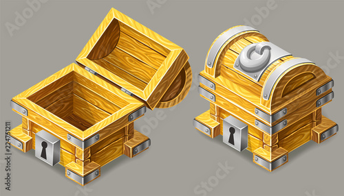 Cartoon closed and opened wooden isometric chests with silver metal stripes and keyhole for computer game. Vector illustration on white background.