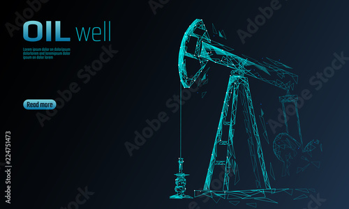 Oil well rig juck low poly business concept. Finance economy polygonal petrol production. Petroleum fuel industry pumpjack derricks pumping drilling point line connection dots blue vector illustration