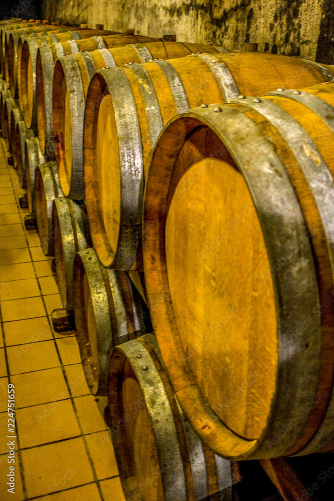A stack of wine barrels at a vineyard in Olympia Land Winery, Olympia, Greece