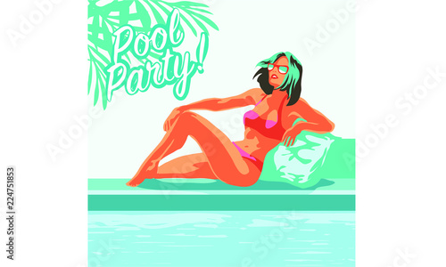 beautiful woman lying on the beach towel near swimming pool top view of pretty girl, summer holiday and summer camp poster traveling template poster badge vector illustration party