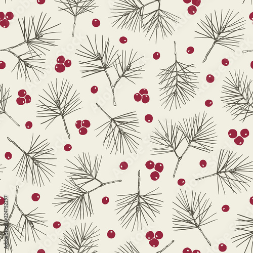 Rustic Hand Drawn Green Pine Tree and Red Berries Vector Seamless Pattern. Christmas Foliage Line Drawing Background