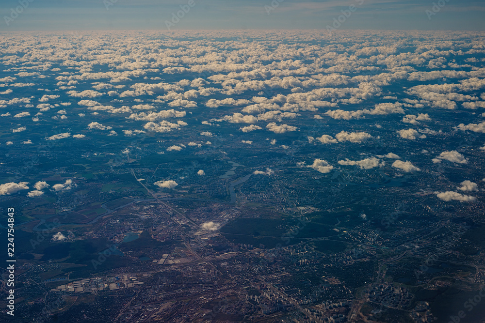 Aerial photography urban landscape of Moscow. landscape above the clouds