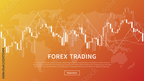 Candle stick chart of financial market trade vector banner. Forex trading graph with world map for fintech project graphic design.
