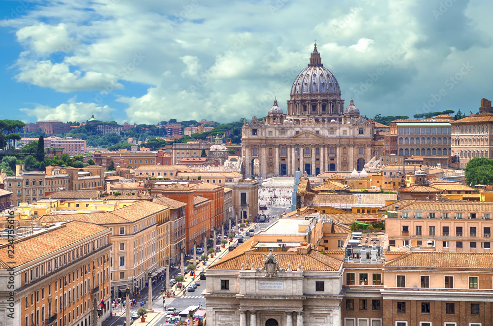 ROME, ITALY - JULY 01, 2014 - Beautiful view of Vatican and Basilica of St. Peter from roof of saint Angel castle.