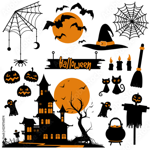 Halloween vector collection. Black and orange silhouettes, symbols of celebration