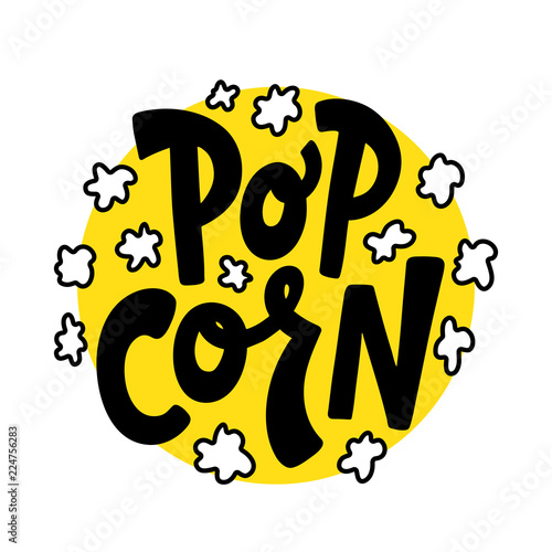 Popcorn text label with popping. Hand drawn typography sign. Black yellow and white logo. Vector illustration. Graphic Design for print on pack, packaging, tee t shirt, poster, banner, flyer card. photo