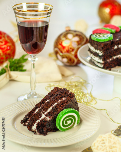 glass of red wine and a cake. Top view. food background copy space photo