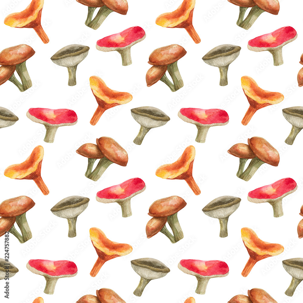 watercolor seamless pattern of hand-drawn mushrooms for design and decor