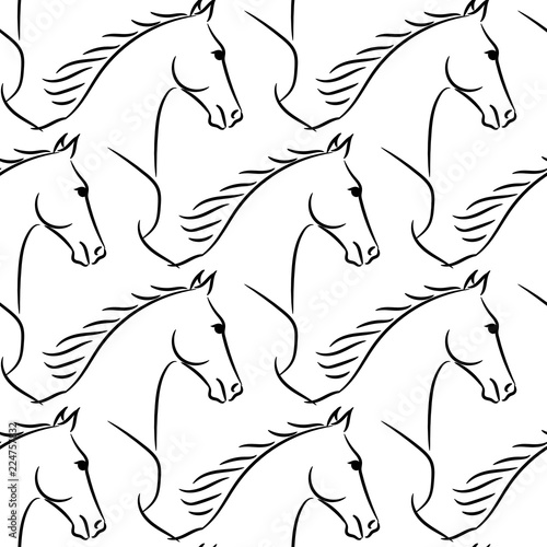 Seamless pattern with horses, black and white realistic vector illustration.