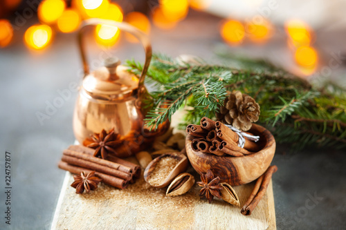 Traditional Christmas spices, food background