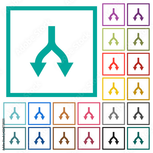 Split arrows down flat color icons with quadrant frames