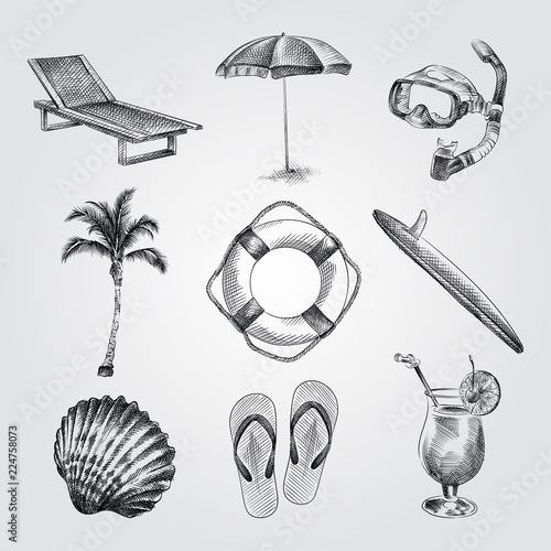 Hand Drawn Summer set sketches. Vintage vacation collection with Summer items. Big beach set of Chaise-longue; mask for diving; Beach umbrella; flip flops; surfboard; Lifebuoy sketches.