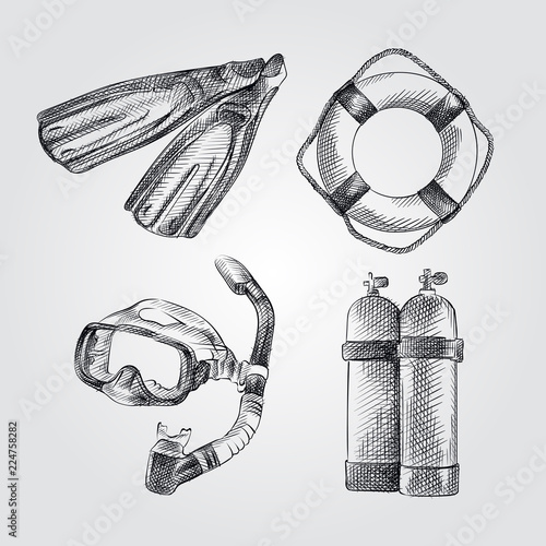 Hand Drawn Diving Equipment Sketch Set. Collection of mask for diving, Lifebuoy, flippers, air tank. Vector illustration of Diving Equipment in Trendy Style isolated on white background.