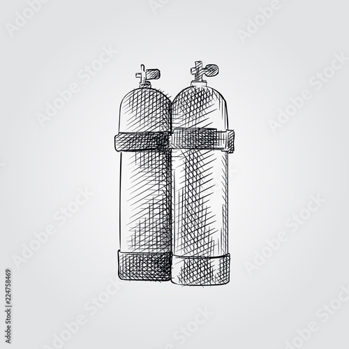 Hand Drawn air tank for diving Sketch Symbol isolated on white background. Vector diving element art highly detailed In Sketch Style. Summer items vector illustration.