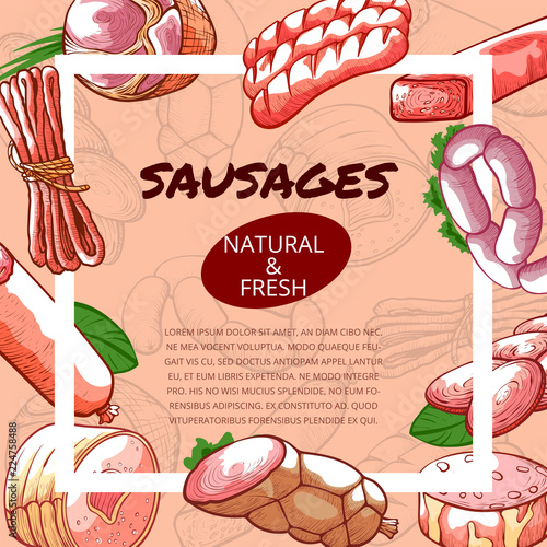 Sausages and salami poster with copy space photo