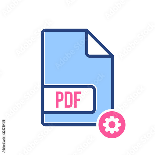 PDF document icon, pdf extension, file format icon with settings sign. PDF document icon and customize, setup, manage, process symbol