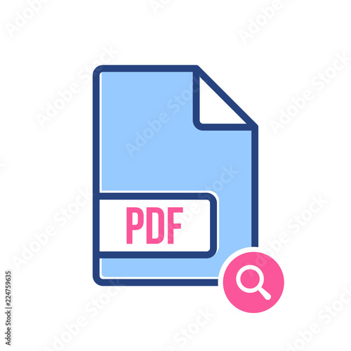 PDF document icon, pdf extension, file format icon with research sign. PDF document icon and explore, find, inspect symbol
