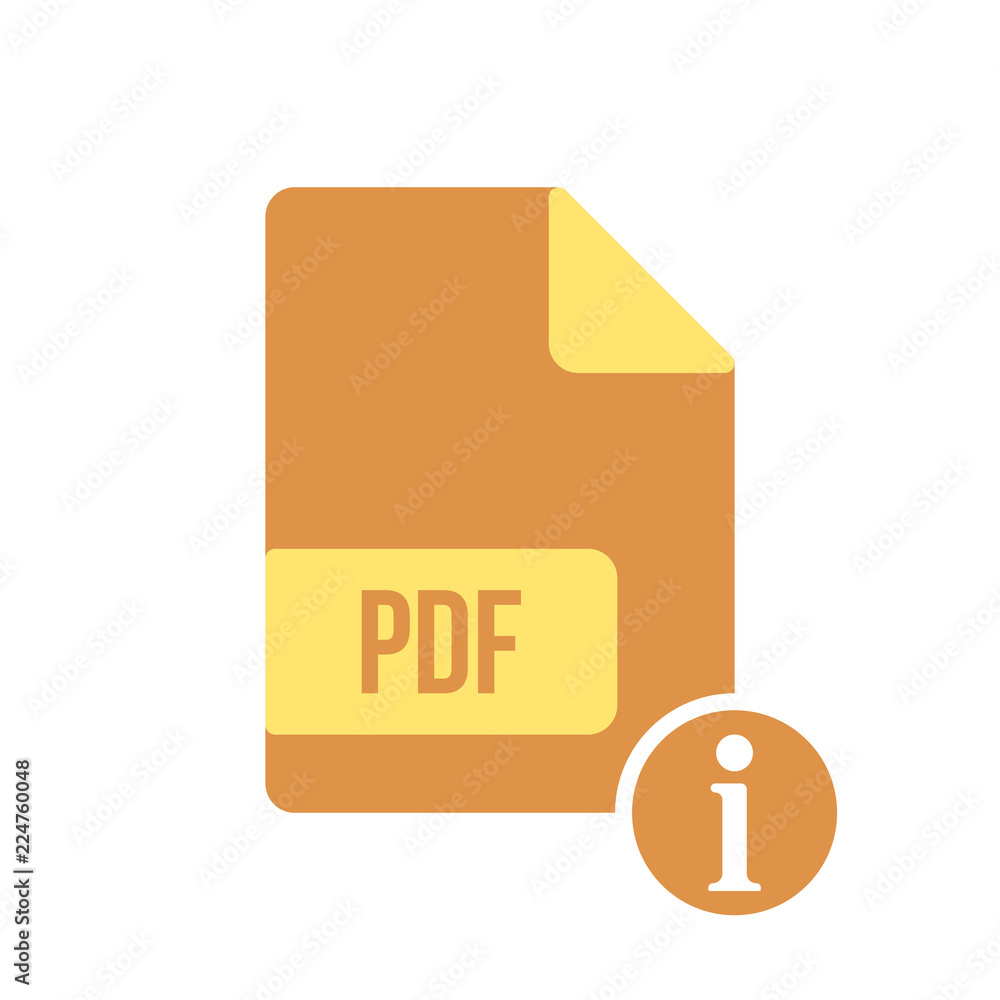 PDF document icon, pdf extension, file format icon with information sign. PDF document icon and about, faq, help, hint symbol
