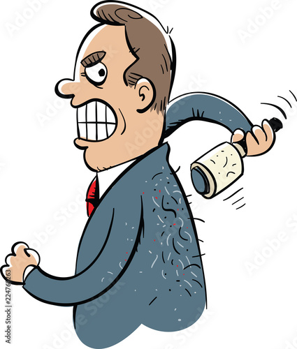 A cartoon man in a business suit tries to remove lint from the back of his jacket using a lint roller but strains and cannot reach.