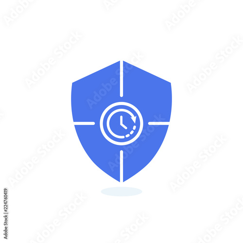 Safety icon, confirmation, shield with a checkmark, protection and security icon with time sign. Safety icon and countdown, deadline, schedule, planning symbol