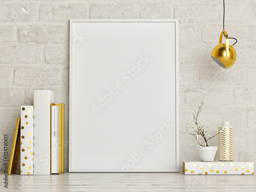 Cuadro en lienzo Mock up poster with gold decoration and books, ed render, 3d decoration
