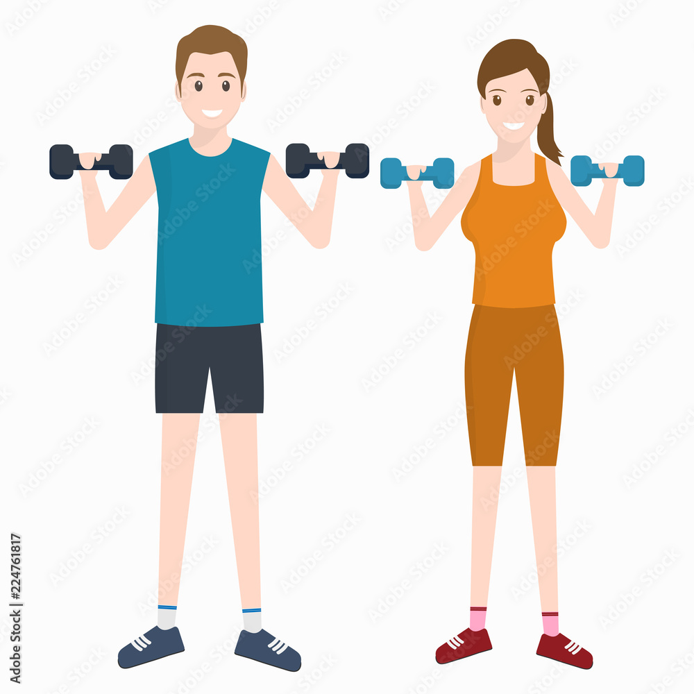 Man and Woman exercise with dumbell icon Man and Woman exercise with dumbell icon