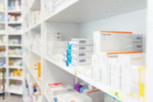 Blurred medicine and healthcare product on shelves at pharmacy drugstore