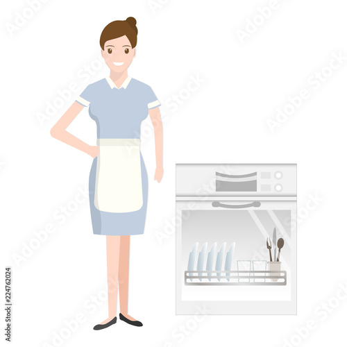 Maid and dishwasher machine icon. cleaning sign