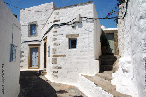 A view of streets and ancient houses in the island of Patmos, Greece in summer time