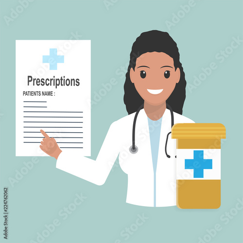 Female doctor with Prescriptions and pills icon. Medicine illustration