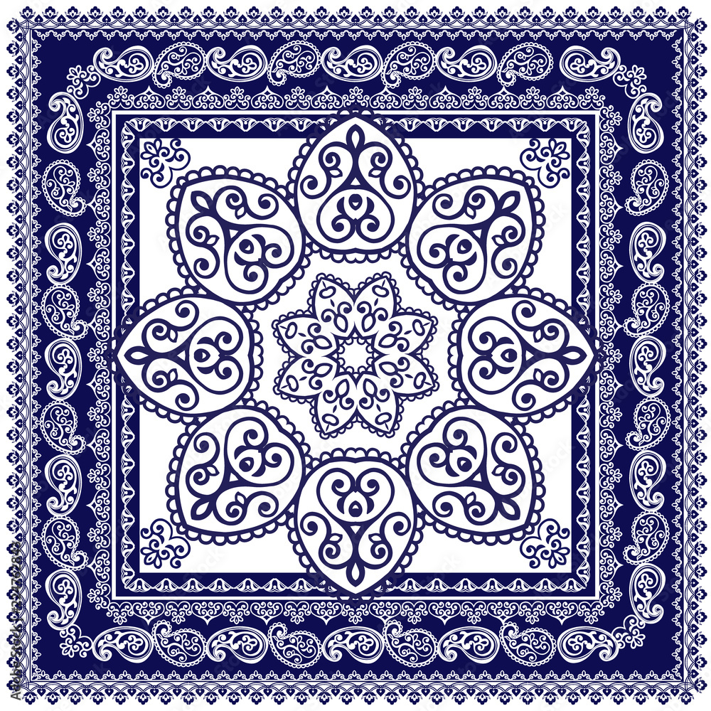 Indigo traditional paisley pattern. Vector ornament paisley Bandana Print, square pattern design style for print on fabric.
