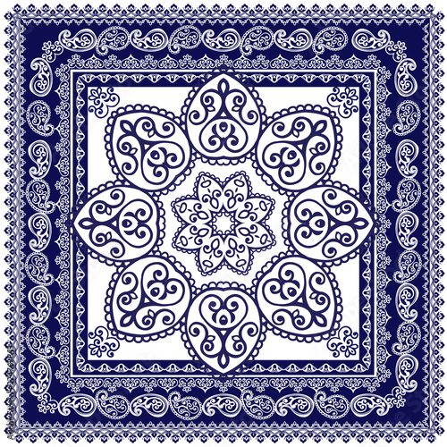 Indigo traditional paisley pattern. Vector ornament paisley Bandana Print, square pattern design style for print on fabric.
