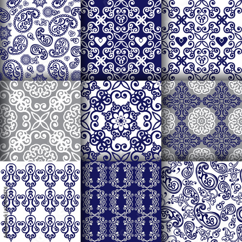 Collection of oriental seamless ornaments in indigo color. Indigo traditional paisley pattern. Decorative ornament backdrop for fabric, textile, wrapping paper.