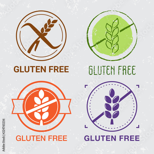 Gluten free icons. Сeliac signs. Free of wheat, gluten product. Gluten free marks for foodstuffs. Nutrition and holistic labels. Healthy food icons. Different styles
