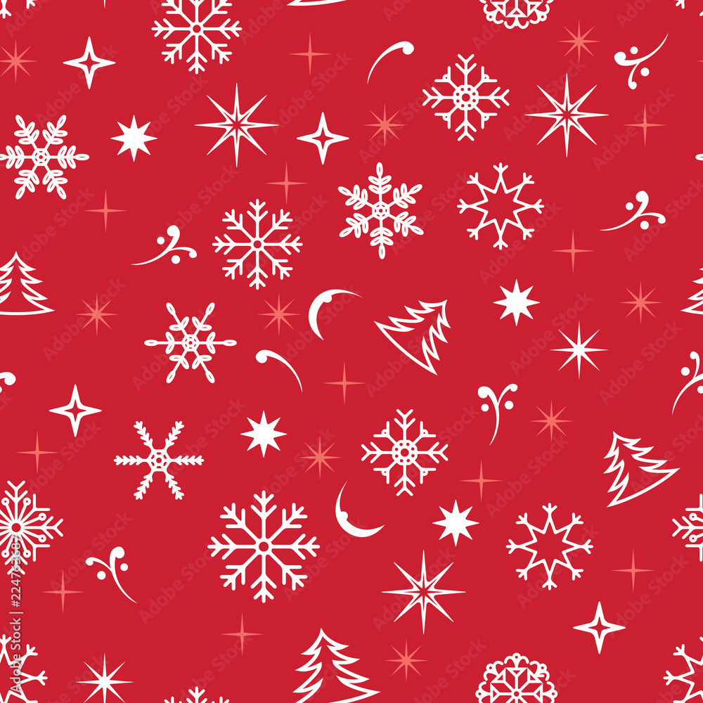 Seamless christmas pattern. Snowflakes, christmas trees, stars on red background. Seamless christmas pattern. Snowflakes, christmas trees, stars on red background.